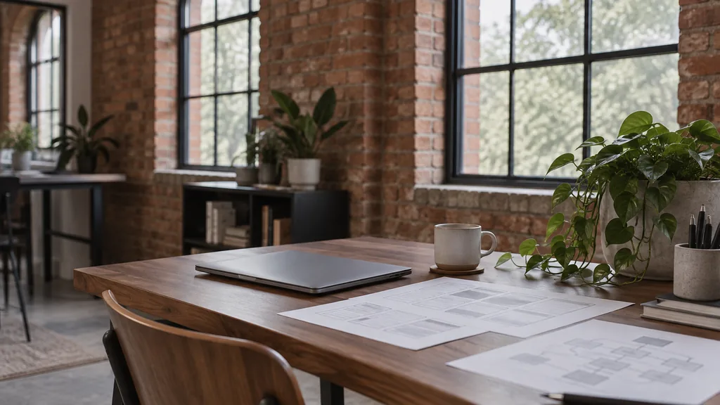 An empty web development studio workspace in a Jewellery Quarter studio in a red-brick former workshop on a soft grey morning, a closed laptop beside printed wireframes and a site map on a walnut desk, a mug and a trailing plant, tall arched windows with diffused light