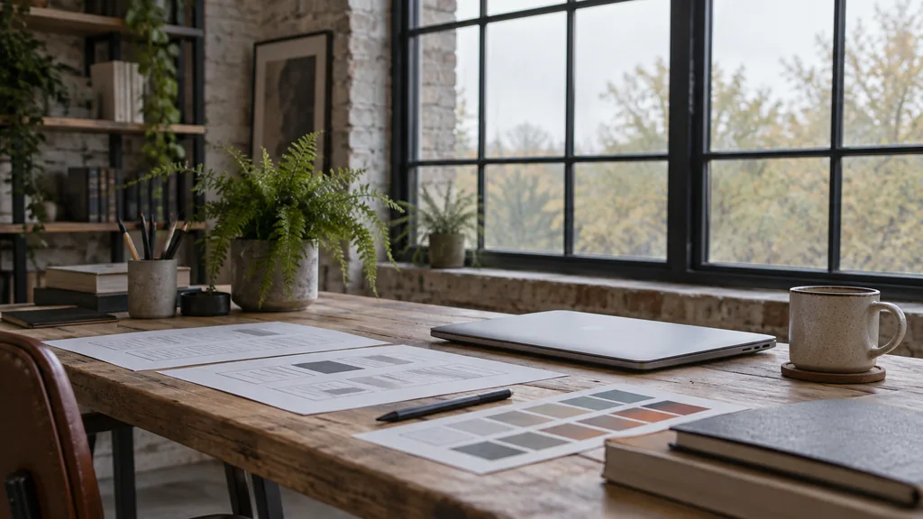 An empty web development studio workspace in a converted textile-mill studio on a crisp grey morning, a closed laptop beside printed wireframes and colour swatches on a reclaimed oak desk, a mug and a small fern, large iron-framed windows with soft northern light