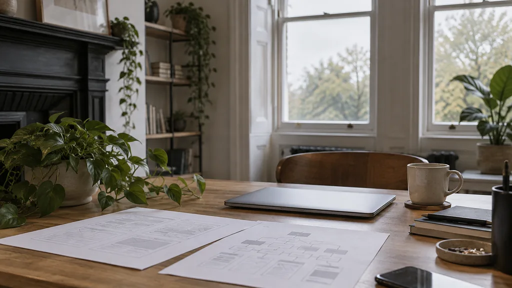 An empty web development studio workspace in a converted Victorian sandstone townhouse studio on a soft grey morning, a closed laptop beside printed wireframes and a site map on an oak desk, a mug and a trailing plant, tall sash windows with diffused light