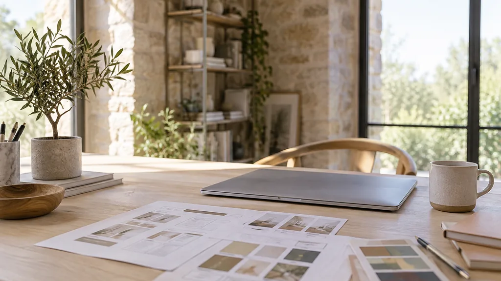 An empty web development studio workspace in a light-filled studio in a restored stone villa on a clear dry morning, a closed laptop beside printed wireframes and colour swatches on a pale timber desk, a mug and a small olive plant, wide windows with bright soft light