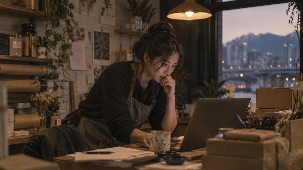 A small-business owner in an apron leaning over a laptop on a cluttered back-office desk late in the day, photographed in Vancouver