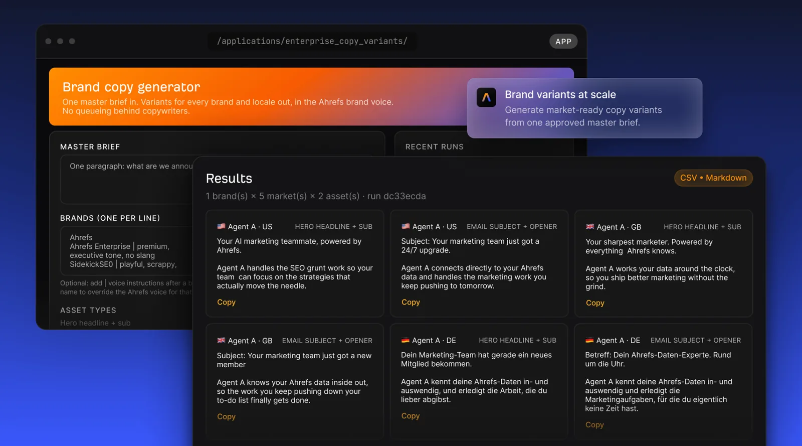 Ahrefs Agent A brand copy generator creating copy variants for several brands and markets