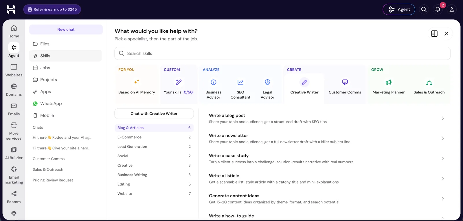 Hostinger Agent dashboard with Creative Writer, SEO Consultant and Marketing Planner skills