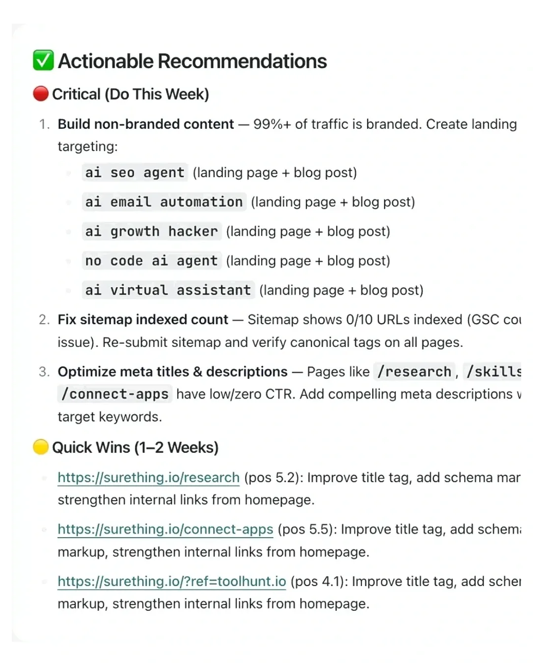 AI SEO audit output listing actionable technical SEO recommendations