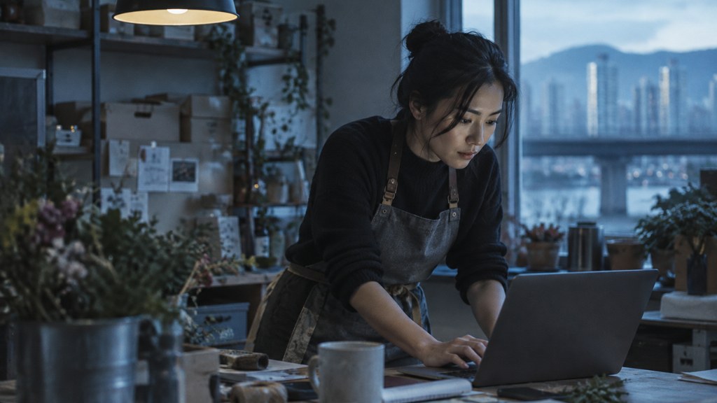 A small-business owner in an apron leaning over a laptop on a cluttered back-office desk late in the day, photographed in Vancouver