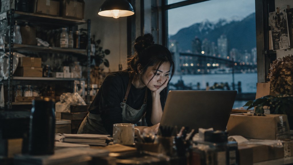 A small-business owner in an apron leaning over a laptop on a cluttered back-office desk late in the day, photographed in Vancouver