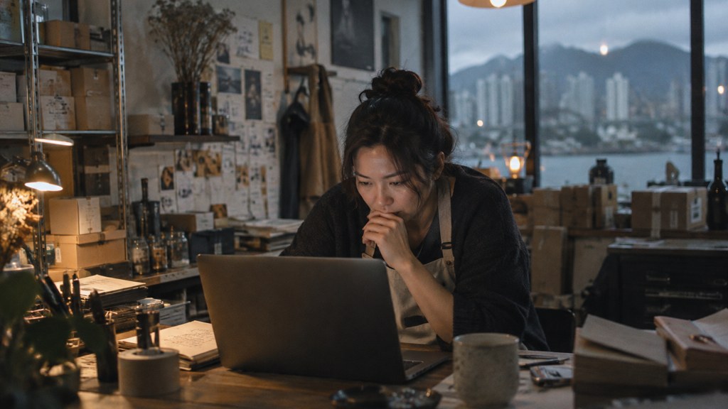 A small-business owner in an apron leaning over a laptop on a cluttered back-office desk late in the day, photographed in Vancouver