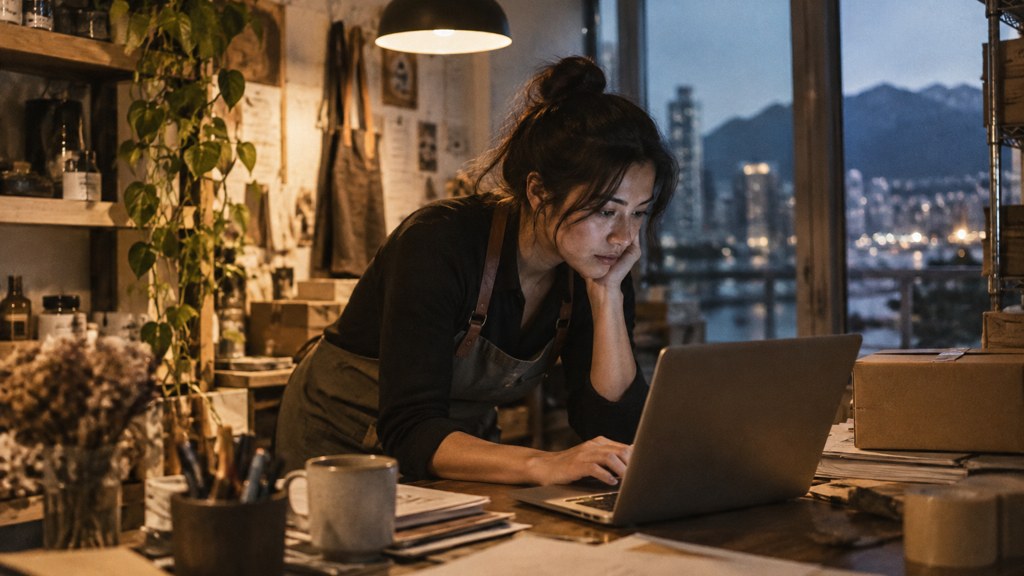 A small-business owner in an apron leaning over a laptop on a cluttered back-office desk late in the day, photographed in Vancouver