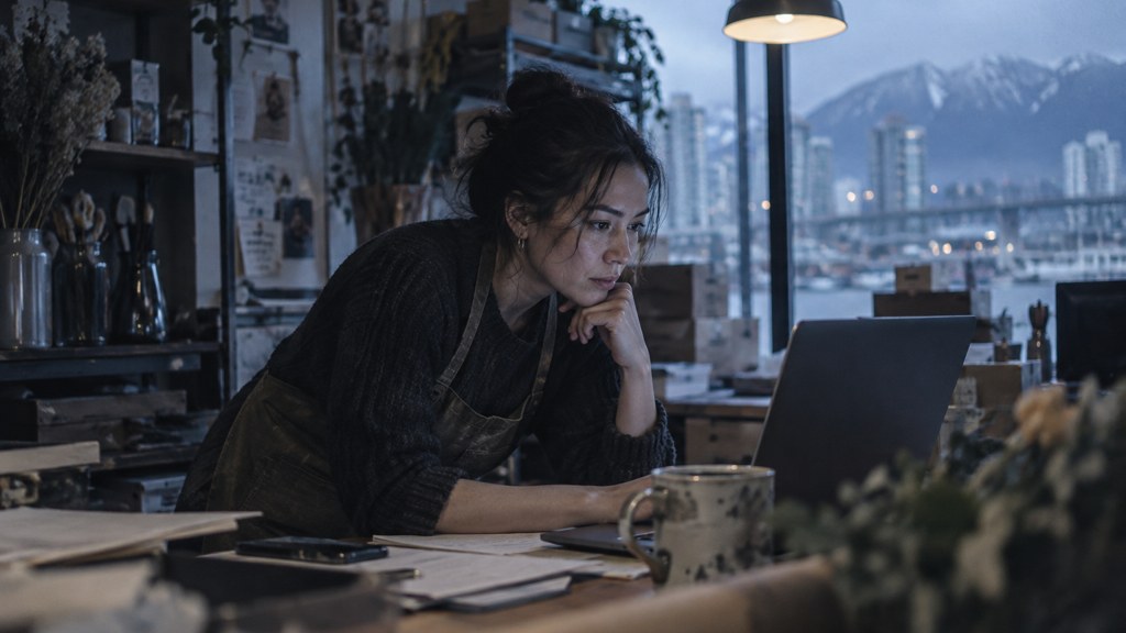 A small-business owner in an apron leaning over a laptop on a cluttered back-office desk late in the day, photographed in Vancouver