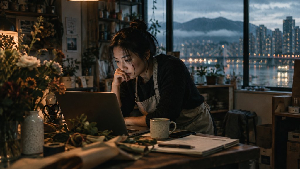 A small-business owner in an apron leaning over a laptop on a cluttered back-office desk late in the day, photographed in Vancouver