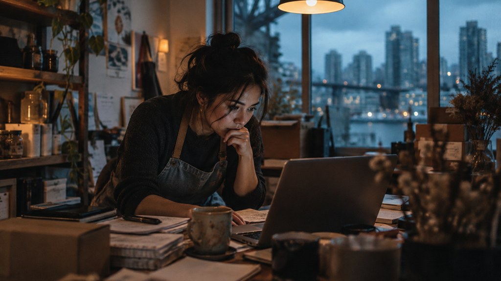 A small-business owner in an apron leaning over a laptop on a cluttered back-office desk late in the day, photographed in Vancouver