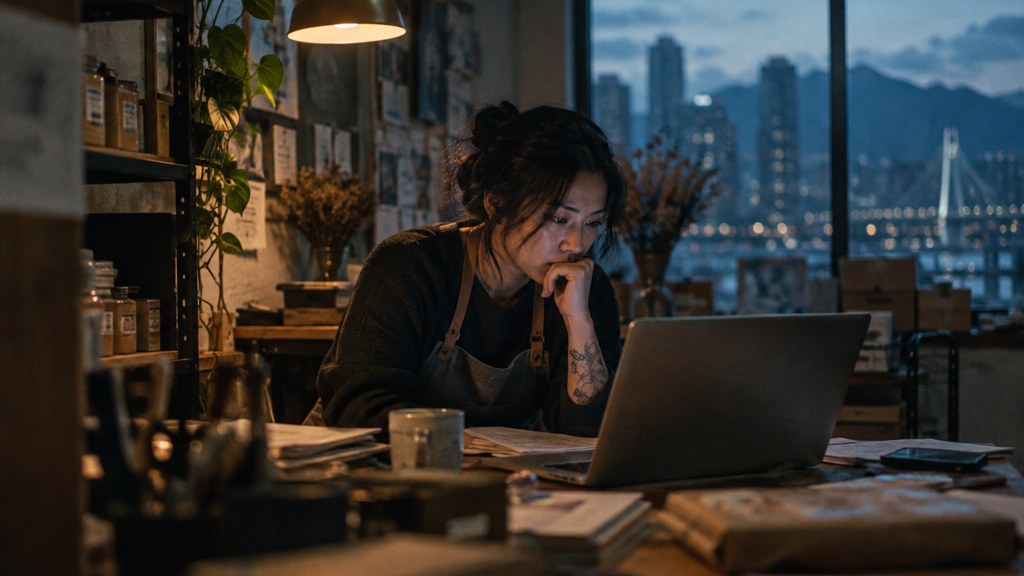 A small-business owner in an apron leaning over a laptop on a cluttered back-office desk late in the day, photographed in Vancouver