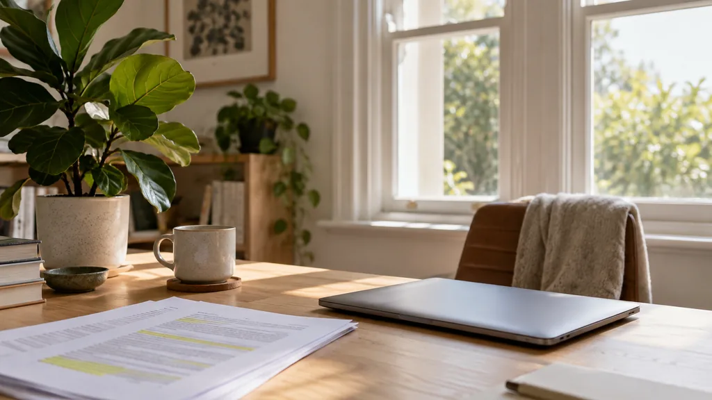 An empty search marketing studio workspace in a Surry Hills terrace studio on a bright morning, a closed laptop beside printed search reports with highlighted citations on a pale timber desk, a mug and a potted fiddle-leaf fig, tall sash windows with soft harbour light