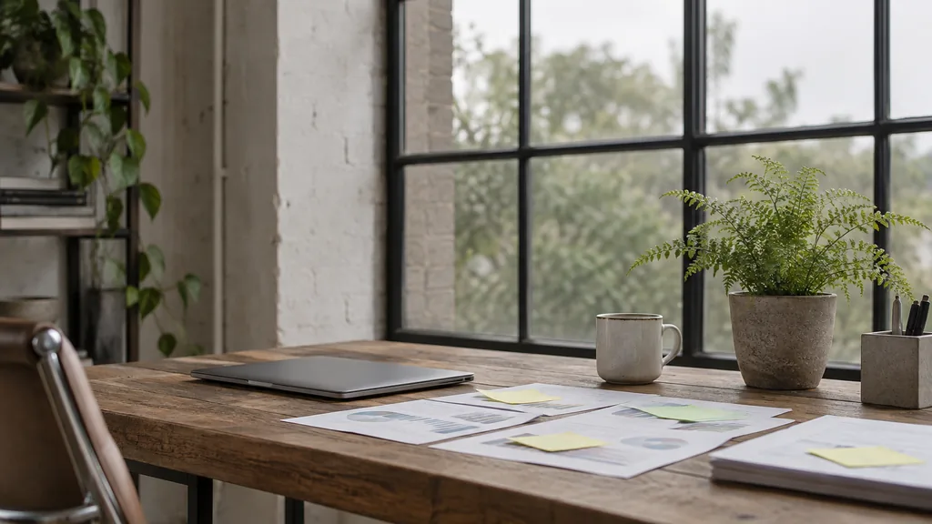An empty search marketing studio workspace in a Cremorne warehouse studio on a grey bright morning, a closed laptop and printed AI search reports with sticky notes on a recycled-timber desk, a mug and a small potted fern, tall steel-framed windows with soft overcast light