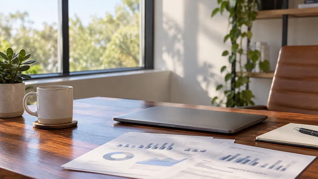 An empty search marketing studio workspace in a West Perth studio on a clear sunny morning, a closed laptop and printed search visibility reports on a jarrah-wood desk, a mug and a small succulent, large windows with bright dry light and soft shadows