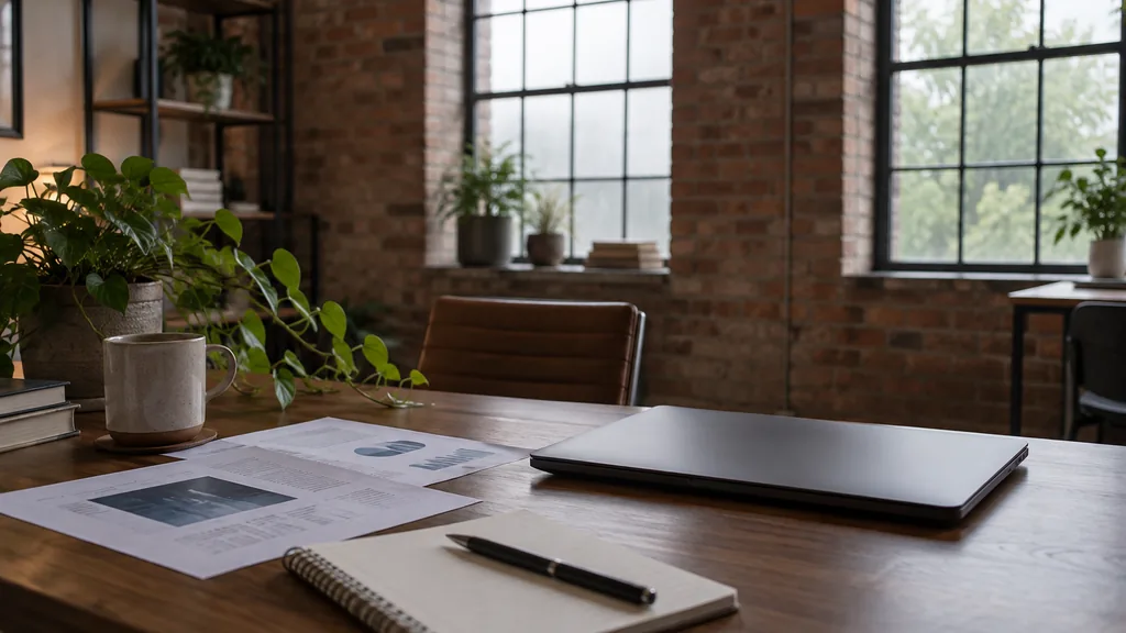 An empty search marketing studio workspace in a Northern Quarter studio in a red-brick former mill on a soft grey morning, a closed laptop beside printed AI answer reports and a notebook on a walnut desk, a mug and a trailing plant, tall arched windows with diffused light