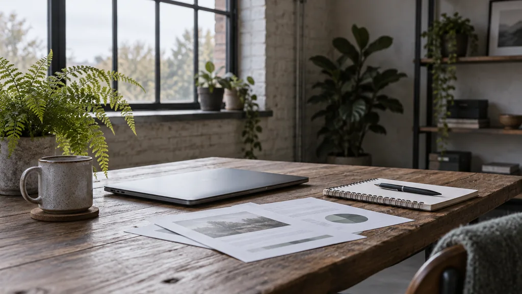 An empty search marketing studio workspace in a converted textile-mill studio on a crisp grey morning, a closed laptop beside printed search reports and a notebook on a reclaimed oak desk, a mug and a small fern, large iron-framed windows with soft northern light
