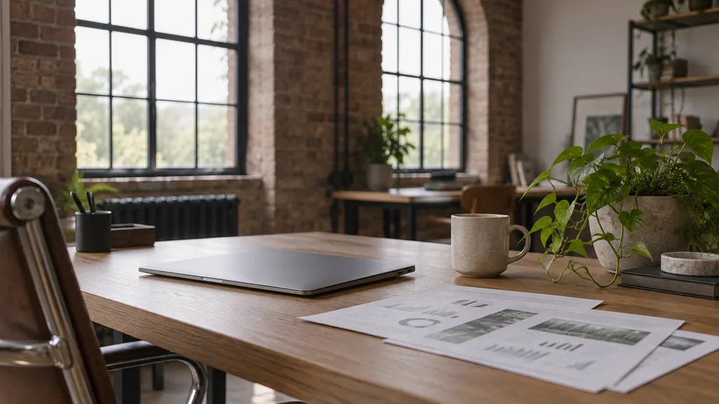 An empty search marketing studio workspace in a harbourside studio in a converted brick warehouse on a soft grey morning, a closed laptop beside printed AI search reports on an oak desk, a mug and a trailing plant, arched windows with diffused light