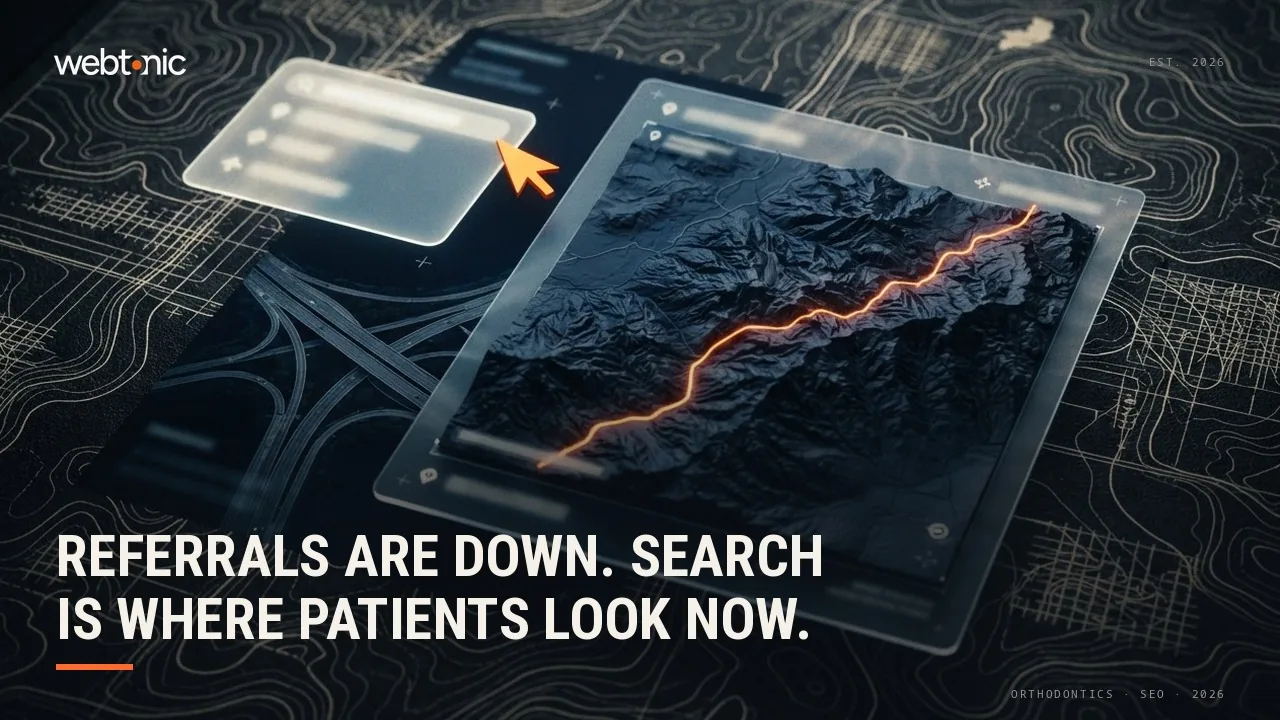 Orthodontics SEO statistics 2026 thumbnail showing dentist referral share for choosing an orthodontist falling from 43 percent in 2021 to 28 percent in 2024