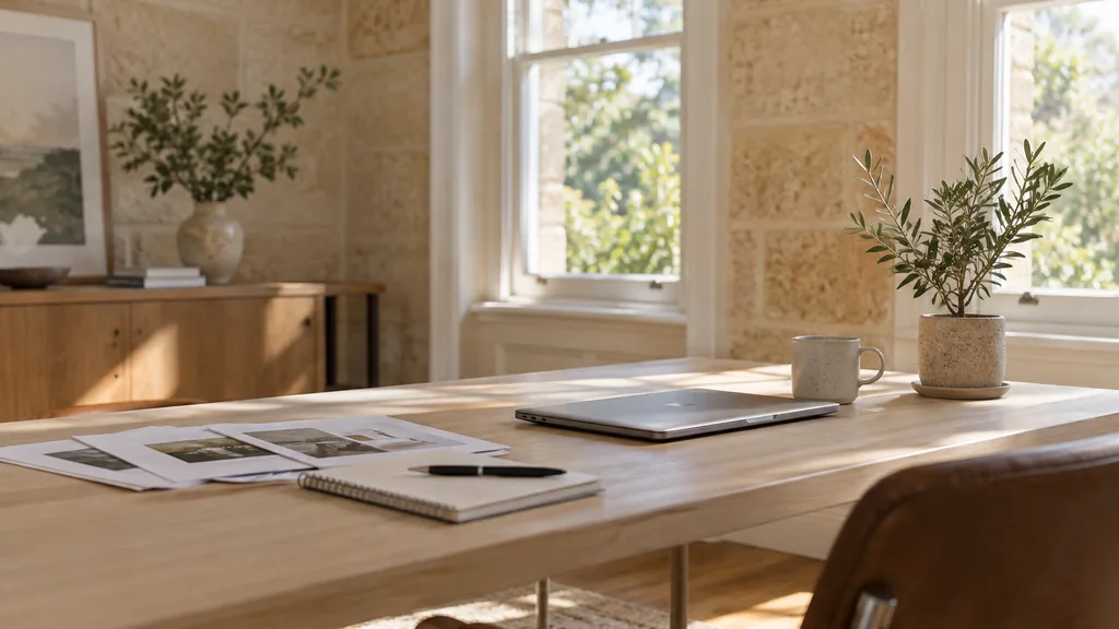 An empty search marketing studio workspace in a converted sandstone villa studio in Unley on a clear bright morning, a closed laptop beside printed AI search reports and a notebook on a pale timber desk, a mug and a small potted olive tree, tall sash windows with warm dry light