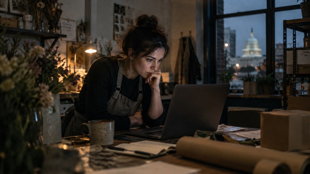 A small-business owner in an apron leaning over a laptop on a cluttered back-office desk late in the day, photographed in Washington DC
