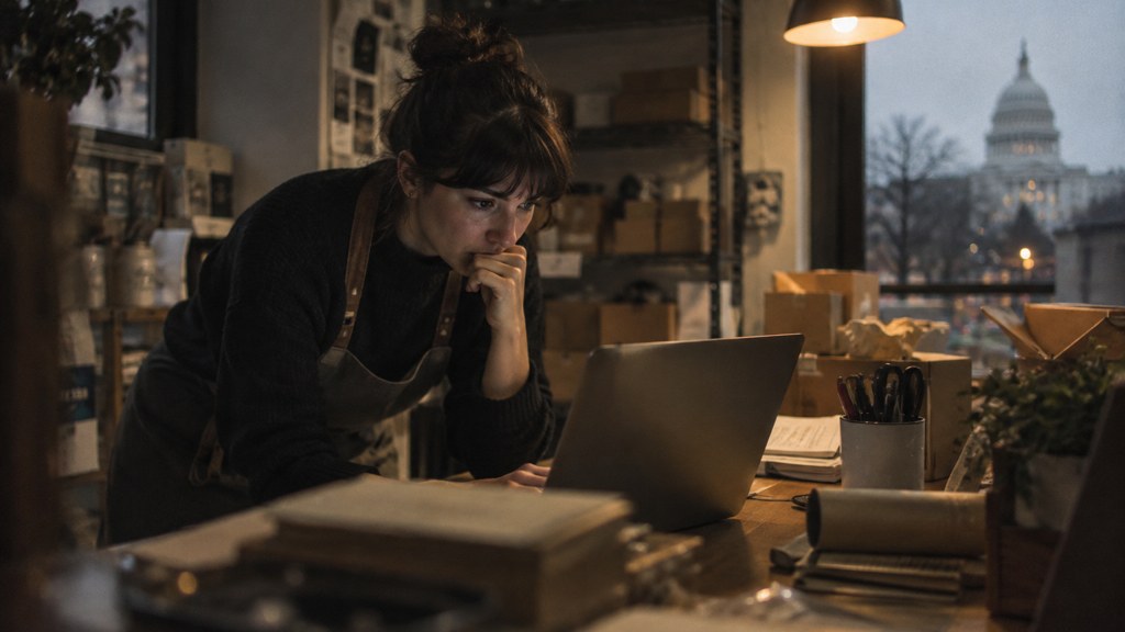 A small-business owner in an apron leaning over a laptop on a cluttered back-office desk late in the day, photographed in Washington DC