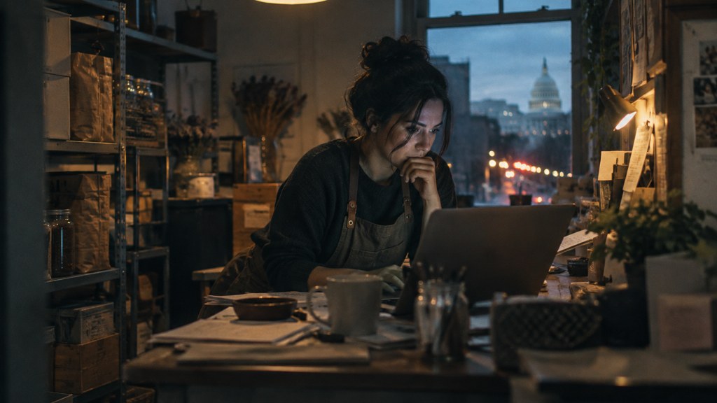 A small-business owner in an apron leaning over a laptop on a cluttered back-office desk late in the day, photographed in Washington DC