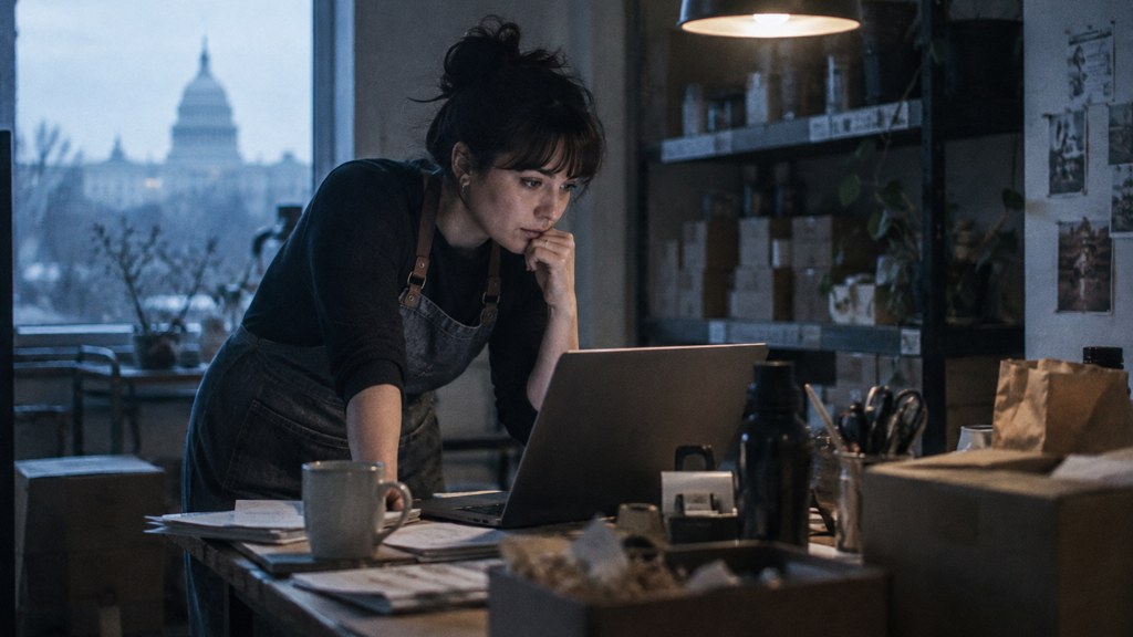 A small-business owner in an apron leaning over a laptop on a cluttered back-office desk late in the day, photographed in Washington DC