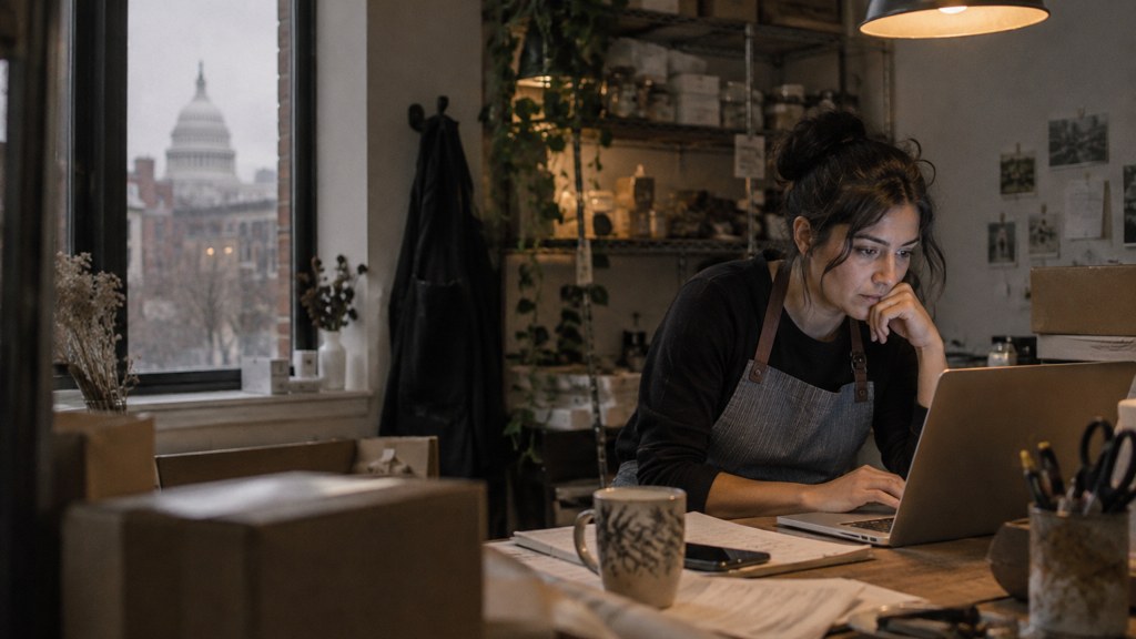 A small-business owner in an apron leaning over a laptop on a cluttered back-office desk late in the day, photographed in Washington DC