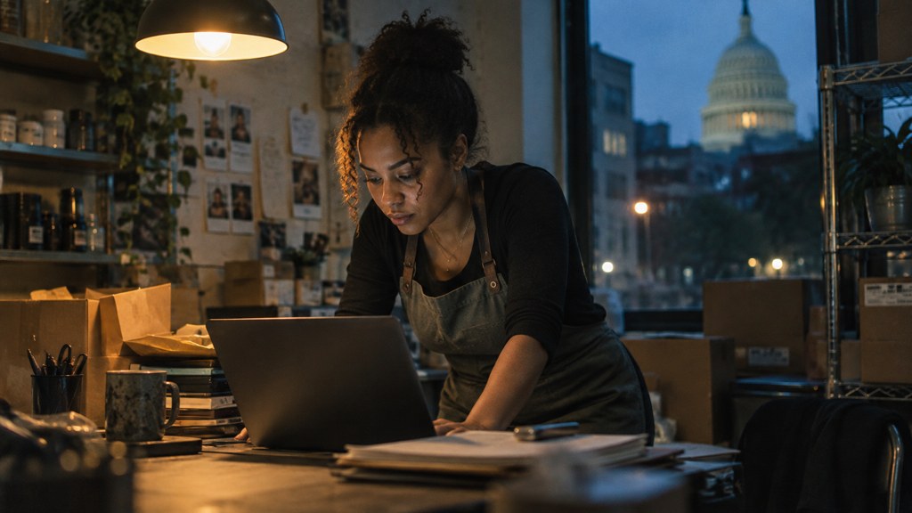 A small-business owner in an apron leaning over a laptop on a cluttered back-office desk late in the day, photographed in Washington DC