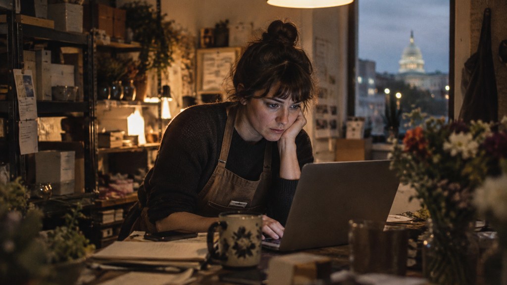 A small-business owner in an apron leaning over a laptop on a cluttered back-office desk late in the day, photographed in Washington DC