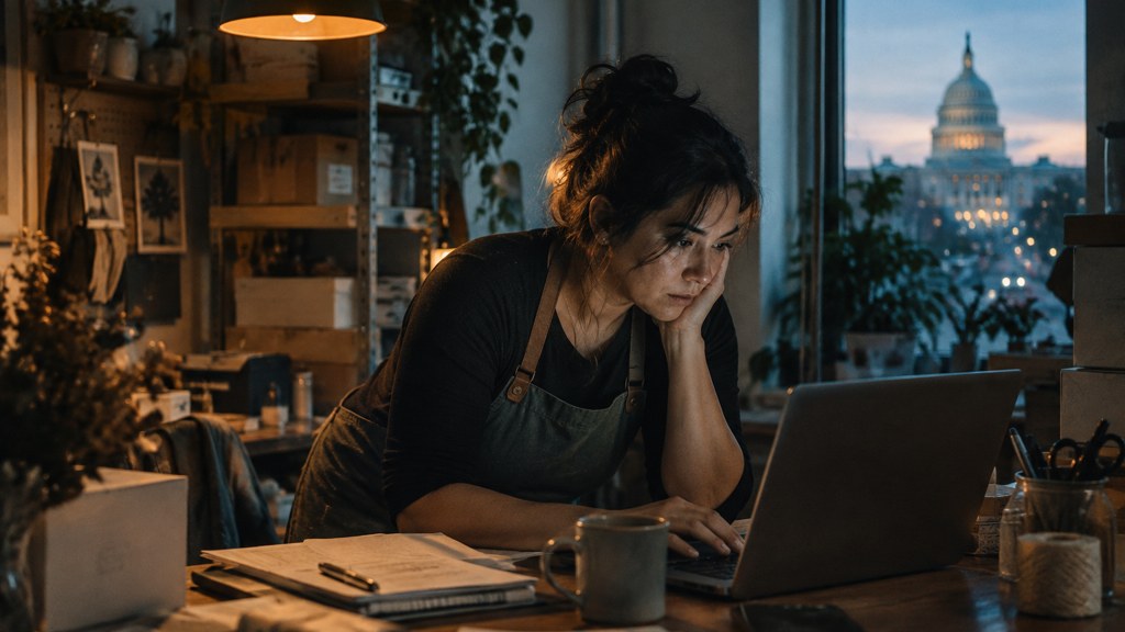 A small-business owner in an apron leaning over a laptop on a cluttered back-office desk late in the day, photographed in Washington DC
