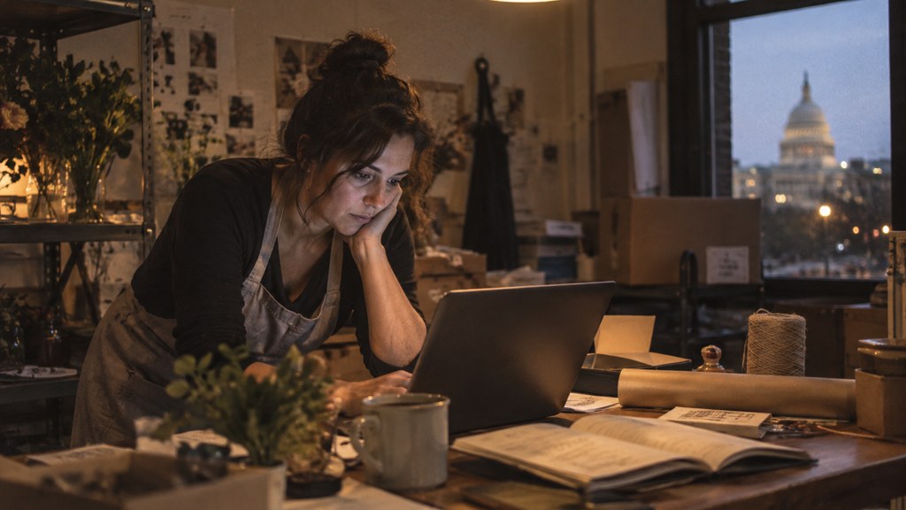A small-business owner in an apron leaning over a laptop on a cluttered back-office desk late in the day, photographed in Washington DC