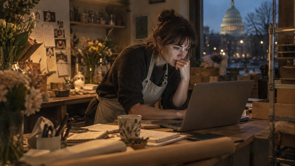 A small-business owner in an apron leaning over a laptop on a cluttered back-office desk late in the day, photographed in Washington DC
