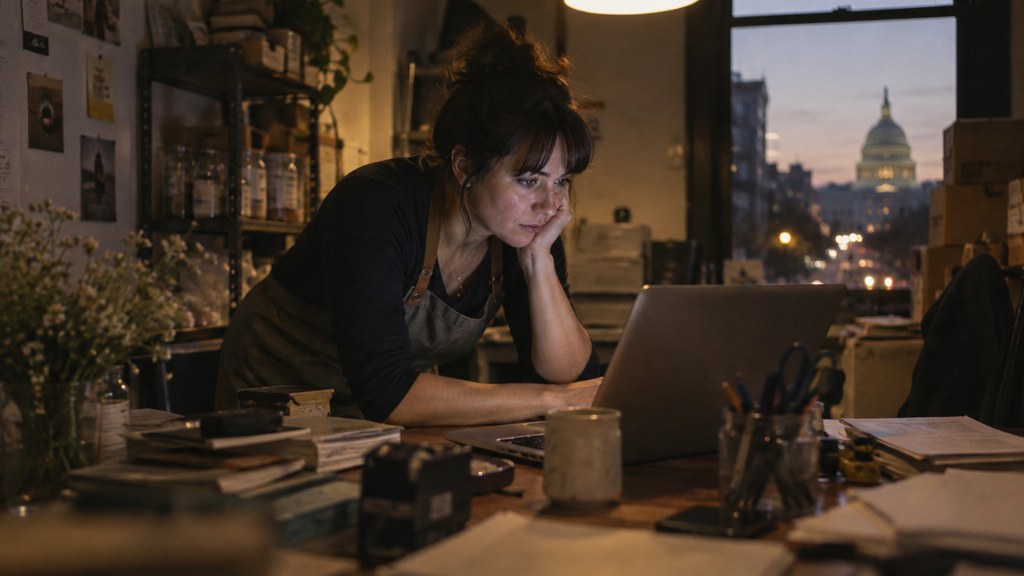 A small-business owner in an apron leaning over a laptop on a cluttered back-office desk late in the day, photographed in Washington DC