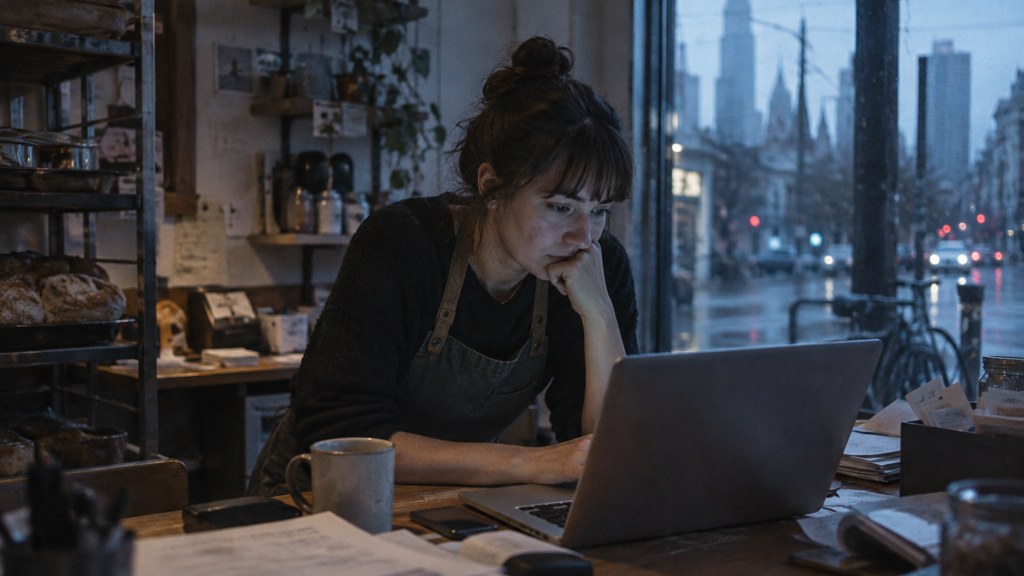 A small-business owner in an apron leaning over a laptop on a cluttered back-office desk late in the day, photographed in Melbourne