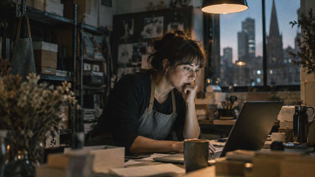 A small-business owner in an apron leaning over a laptop on a cluttered back-office desk late in the day, photographed in Melbourne