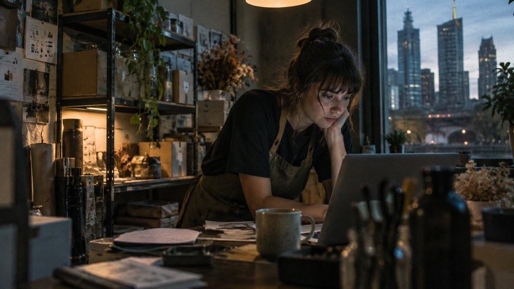 A small-business owner in an apron leaning over a laptop on a cluttered back-office desk late in the day, photographed in Melbourne