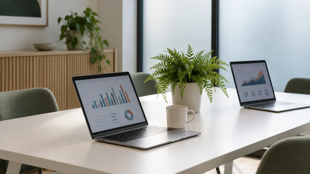 An empty analytics workspace in a Surry Hills meeting room in Sydney with bright morning light, a white table with two open laptops showing abstract coloured charts, a coffee cup and a potted fern
