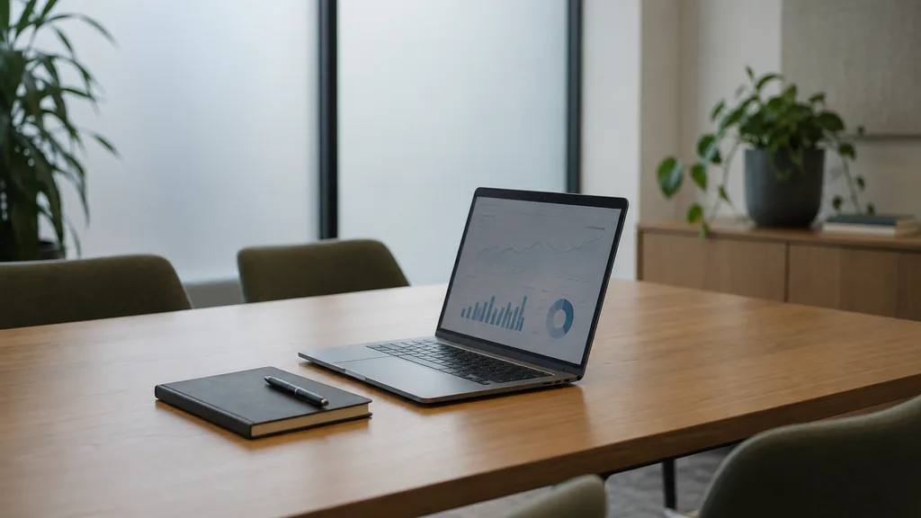 An empty analytics workspace in a Cremorne studio meeting room in Melbourne with soft overcast light, a timber table with an open laptop showing blurred graphs, a notebook and a pen