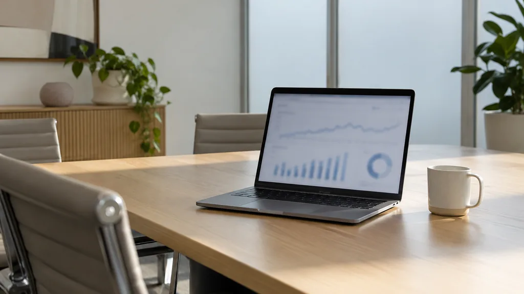 An empty analytics workspace in a North Adelaide meeting room with clear afternoon light, a pale oak desk with a laptop showing blurred analytics charts and a ceramic mug