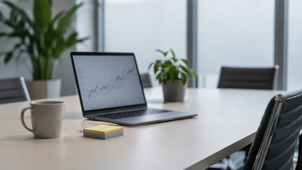 An empty analytics workspace in a Leeds Dock meeting room with bright overcast light, a white desk with a laptop showing a blurred line chart and a stack of sticky-note pads
