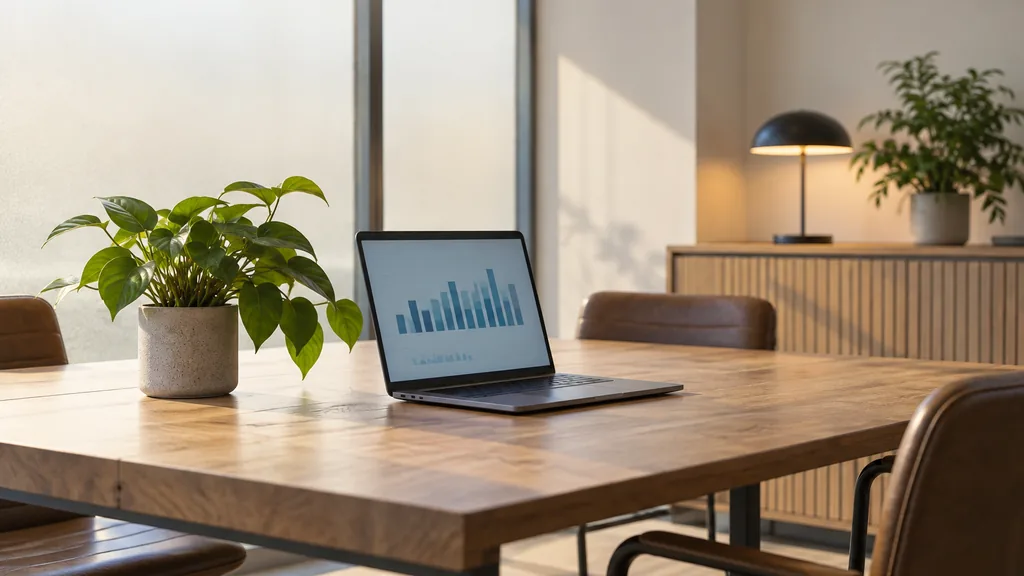 An empty analytics workspace in a Harbourside office in Bristol with warm afternoon light, a wooden table with a laptop showing abstract bar charts and a potted plant