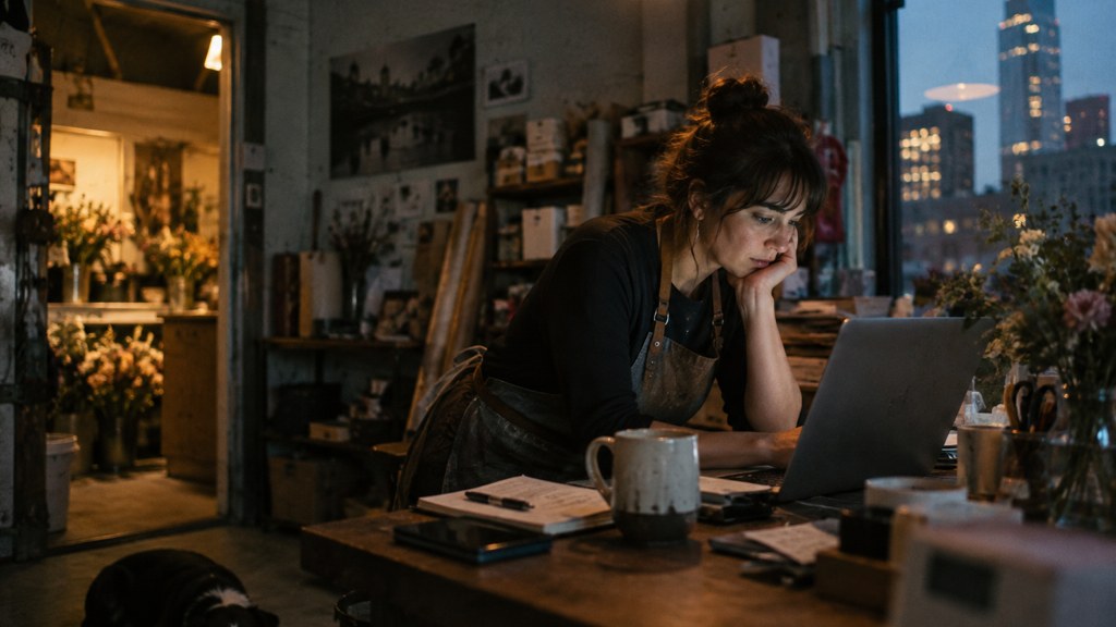 A small-business owner in an apron leaning over a laptop on a cluttered back-office desk late in the day, photographed in Boston