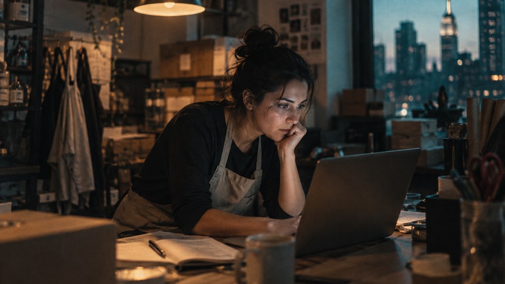 A small-business owner in an apron leaning over a laptop on a cluttered back-office desk late in the day, photographed in New York