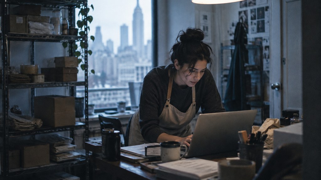 A small-business owner in an apron leaning over a laptop on a cluttered back-office desk late in the day, photographed in New York