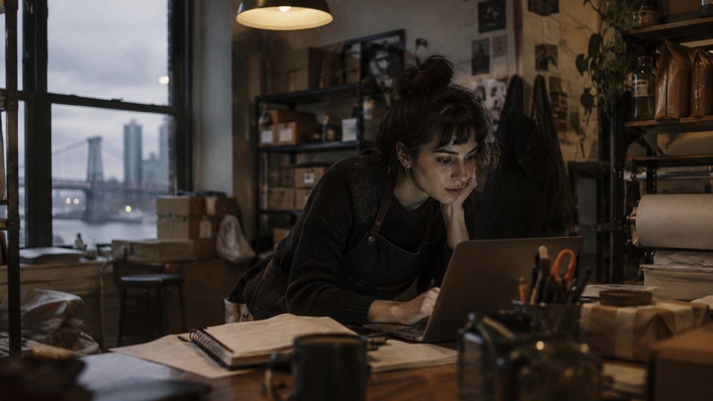 A small-business owner in an apron leaning over a laptop on a cluttered back-office desk late in the day, photographed in New York