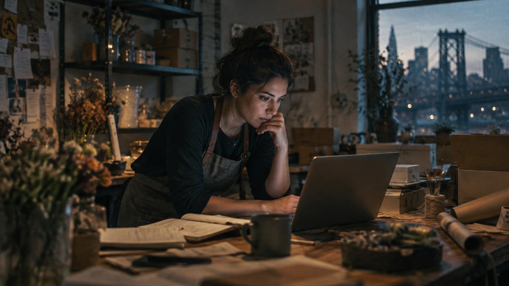 A small-business owner in an apron leaning over a laptop on a cluttered back-office desk late in the day, photographed in New York