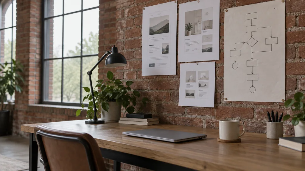 An empty email marketing studio workspace in a Lace Market converted-warehouse studio on an overcast bright morning, printed email template mock-ups and a hand-drawn automation flowchart pinned to exposed red brick above an oak desk with a closed laptop and a mug, tall arched windows with soft grey light