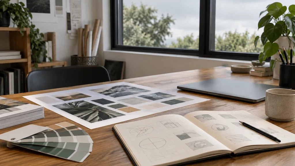 An empty studio workspace in a Te Aro design studio on a windy bright morning, printed brand identity boards, colour swatch fans and a logo sketchbook spread on a rimu timber desk beside a closed laptop, large windows with harbour-grey sky light
